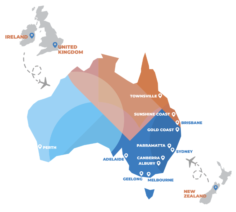 Map of Australia, UK and New Zealand