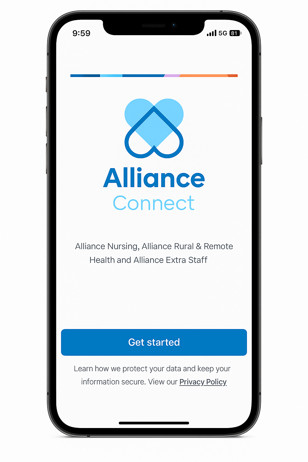 Mobile screen showing Alliance Connect app to Get started.